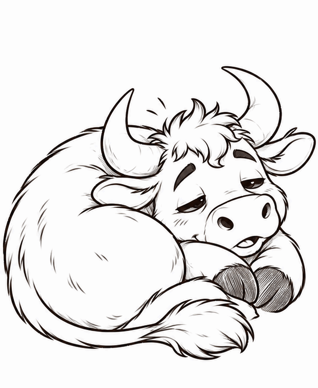 A line drawing of a shaggy cow curled up asleep; in the next frame it stretches both front legs and lets out a small burp.