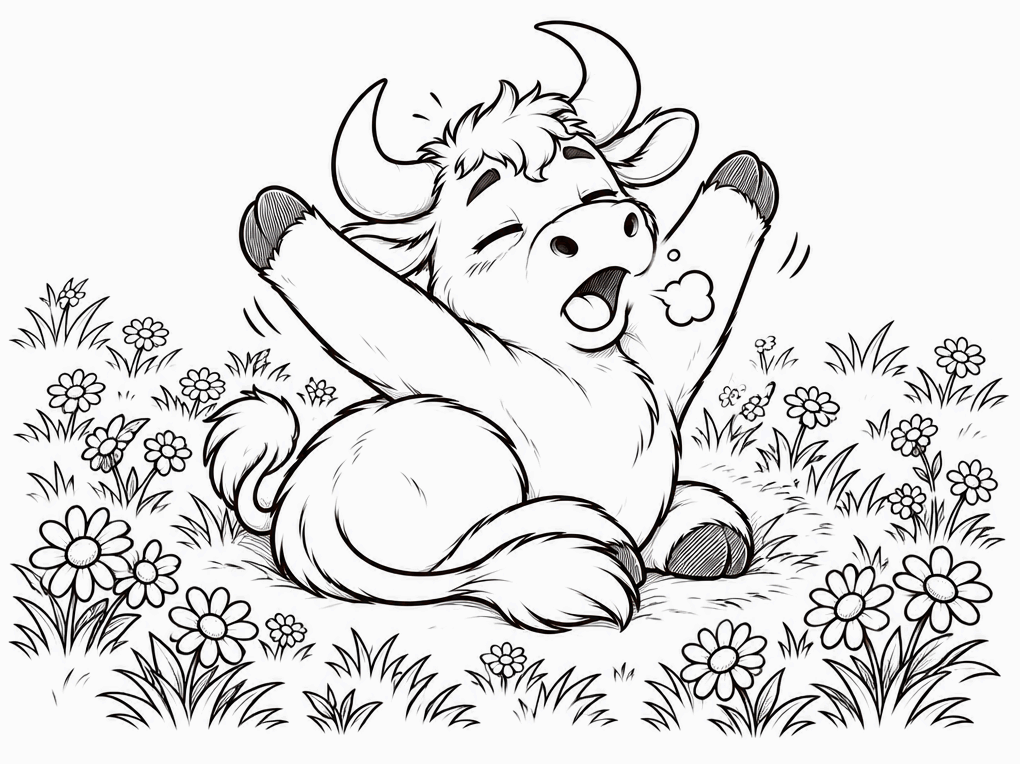 A line drawing of a shaggy calf stretching and burping in a meadow of flowers; in the next frame it stands up, looking sheepish, beside the flattened patch of grass where it lay.
